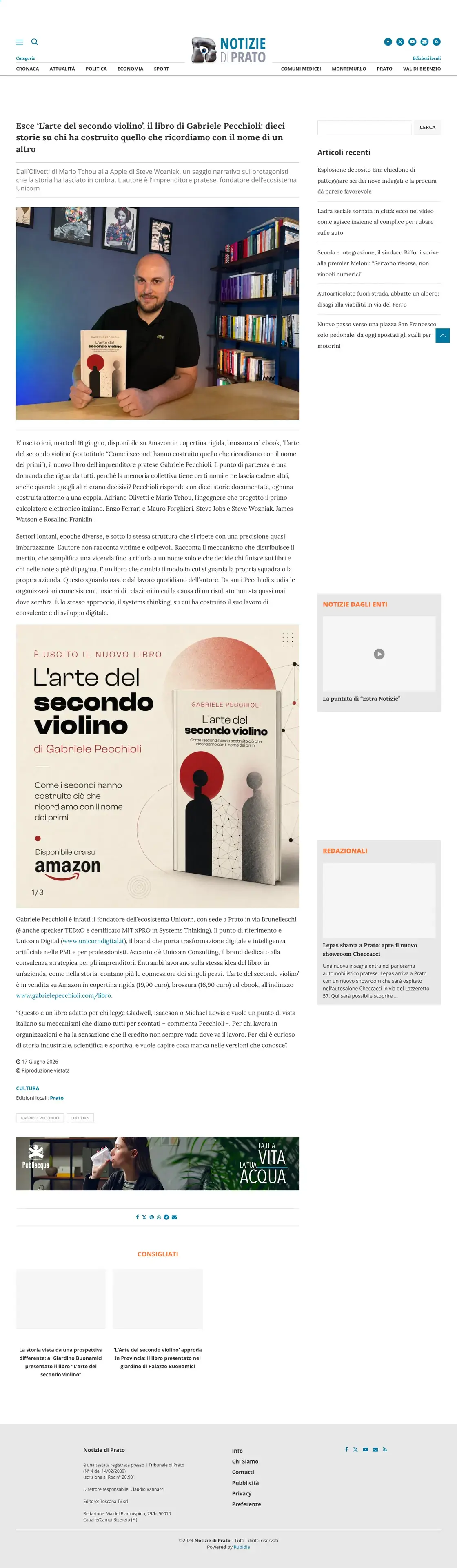 Schermata completa dell’articolo “Esce «L’arte del secondo violino», il libro di Gabriele Pecchioli” pubblicato da Notizie di Prato