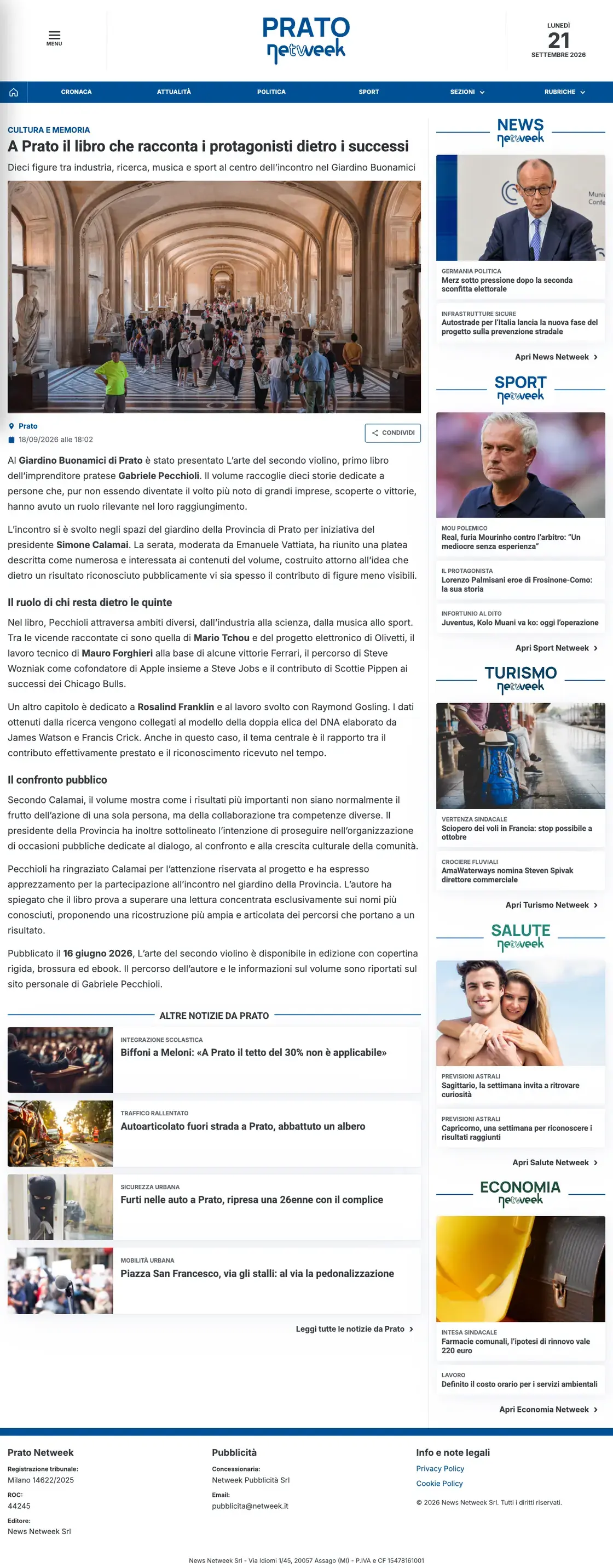 Schermata completa dell’articolo “A Prato il libro che racconta i protagonisti dietro i successi” pubblicato da Prato Netweek